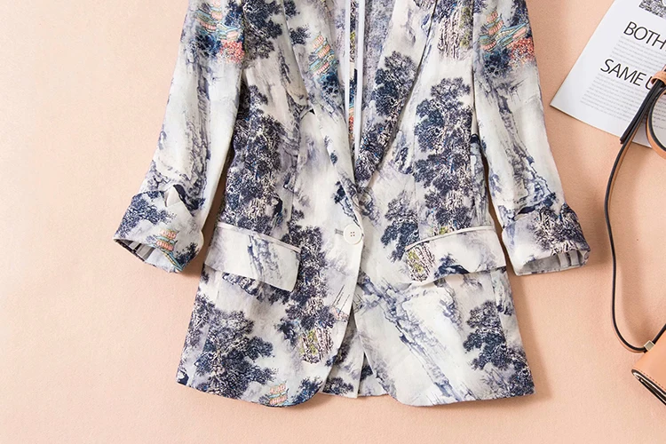 SEQINYY Short Jacket Summer Spring New Fashion Design 3/4 Sleeve Ink Forest Printed Thin Casual Women Linen Blazer