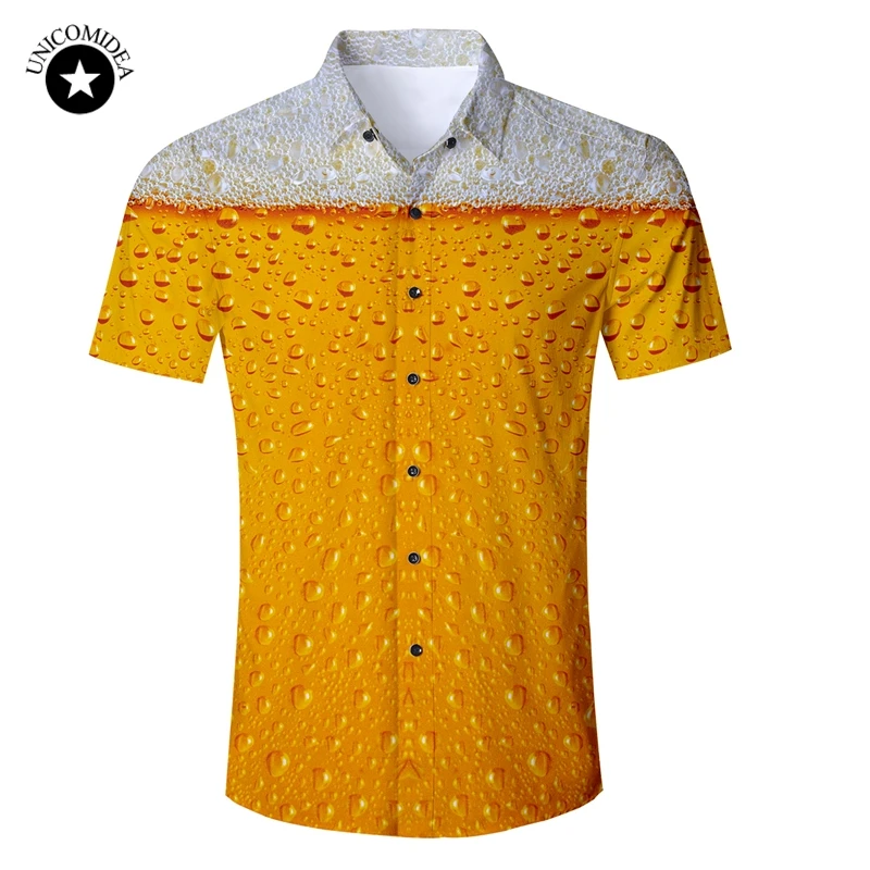 Beer Print Shirt Mens Funny Novelty Dress Shirts Short Sleeve Tops Male Slim Fit Blouse Hawaiian Casual Brand Clothing | Мужская одежда