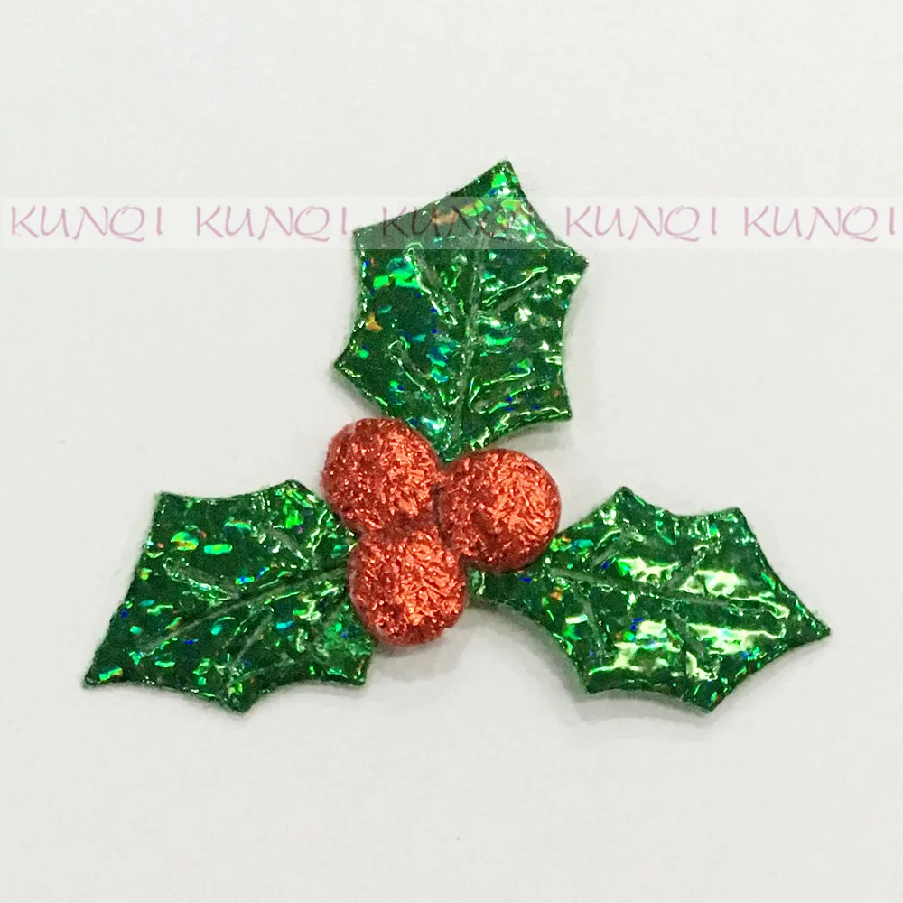 100pcs Holly Berries and Leaves Appliques for Christmas Decoration,Table Decoration,Stick-on DIY 30MM Laser Green Color