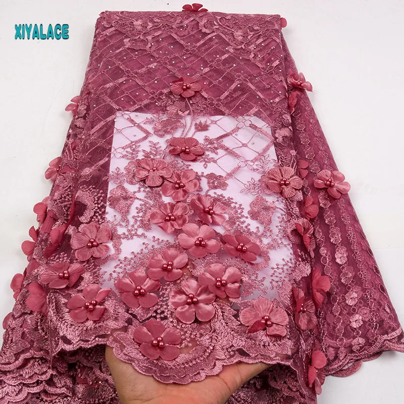 Африканская кружевная ткань высокого качества Кружева 3D Цветы Tullle кружевная ткань французская кружевная ткань с бусинами для бисер YA2409B-1