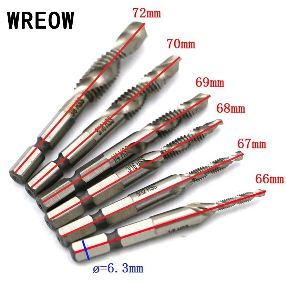 

6PCS HSS 1/4 Hex Shank Thread Spiral Screw Drill Metric Composite Taps Chamfering Drill Bit Set Drilling Tool