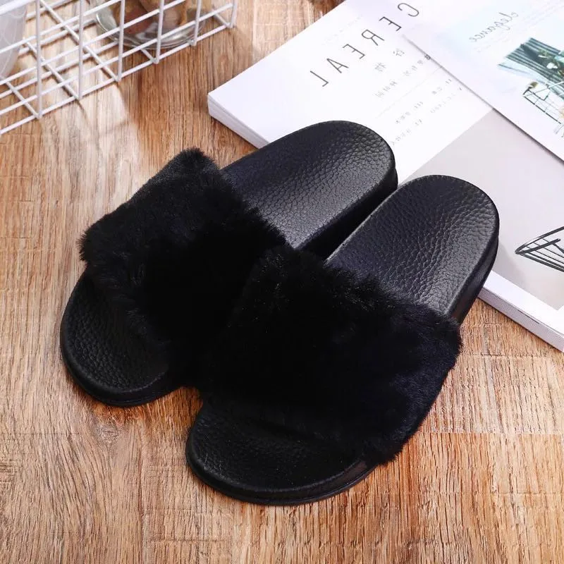 Тапочки женские zapatos mujer слипоны ползунки пушистого искусственного меха плоской