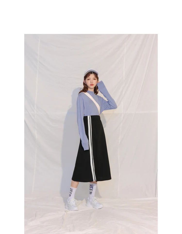 Fashion Korean version slit stripes movement wind half skirt autumn new high waist a character | Женская одежда
