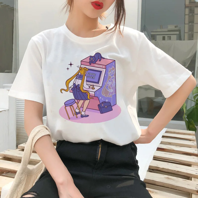 Сейлор Мун летняя модная футболка Женская Harajuku Веселая футболка милый кот футболка Мультфильм Ulzzang футболки kawaii одежда
