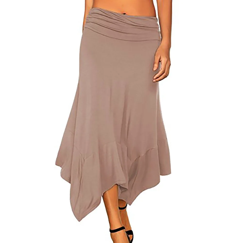 Хаки Свободная Страусиная Женская однотонная струящаяся юбка-платок Hemline миди юбка с высокой талией длинная юбка женская повседневная юбка в стиле ампир - Цвет: Хаки