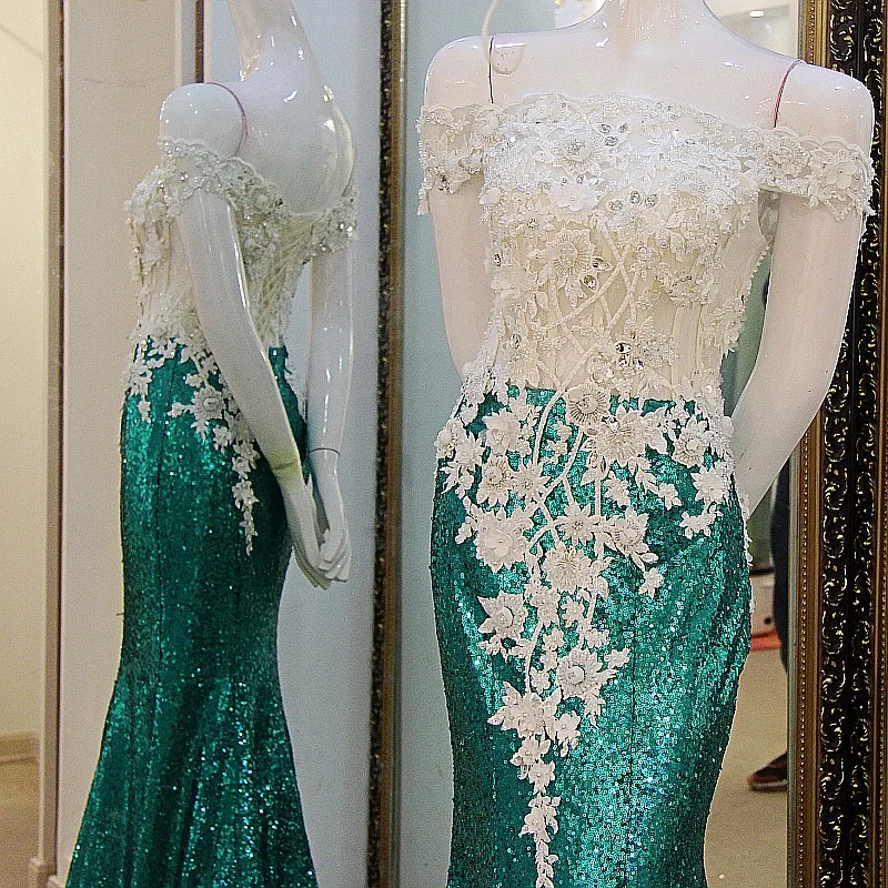 LS41199 Длинные Русалки Пром платья с плеча зашнуровать назад Sequins Кружева Топ