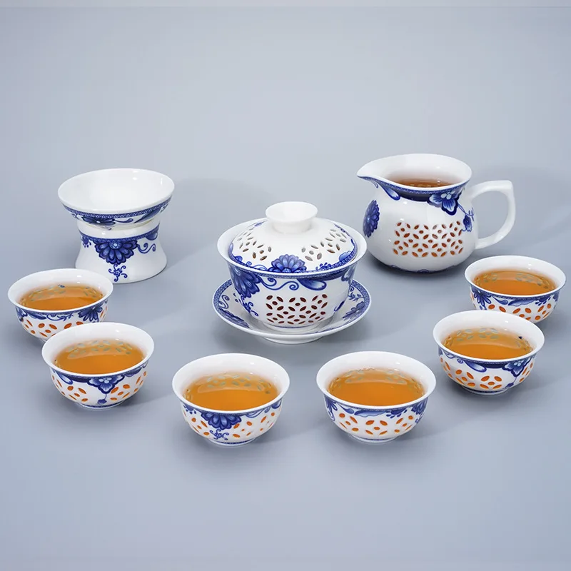 Изысканный чайный набор голубого и белого цвета 1 Gaiwan 6 чашек чайник с сотовой