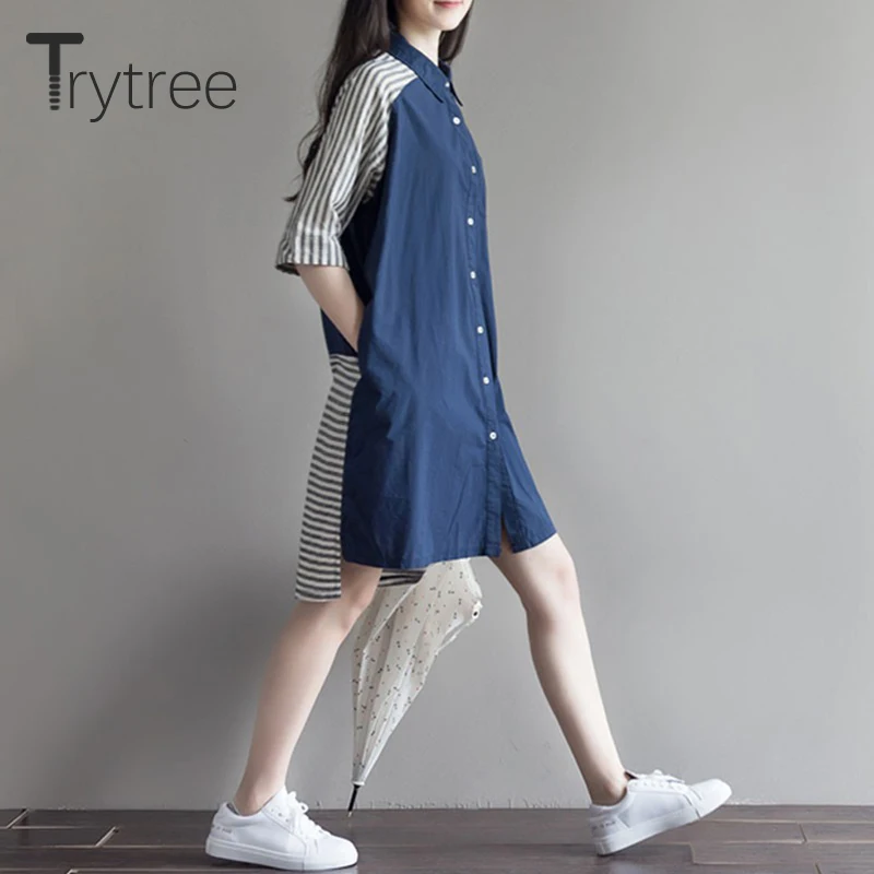 Trytree/летнее Повседневное платье с отложным воротником из хлопка полиэстера темно