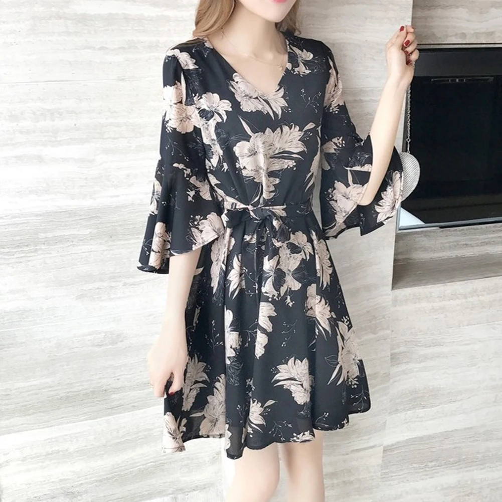 ГОРЯЧЕЕ черное винтажное платье с цветочным Расклешенным рукавом повседневное