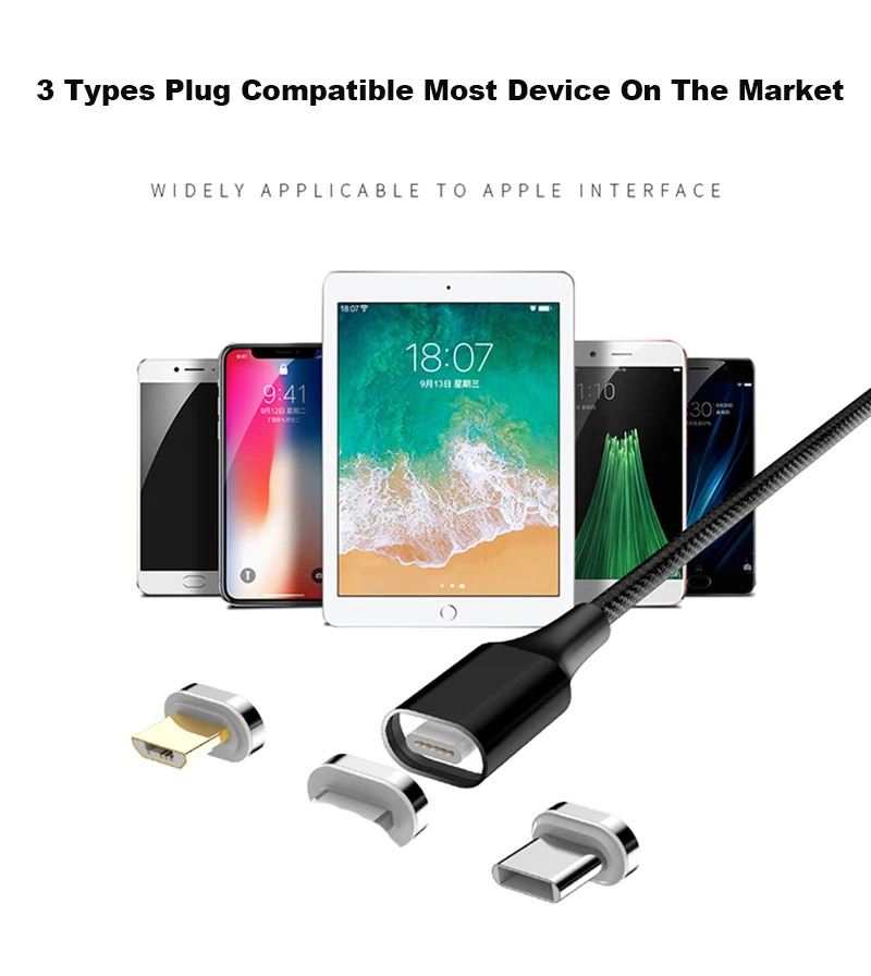 Магнитный usb кабель для iPhone Android Micro type C с нейлоновой оплеткой магнитный боковой