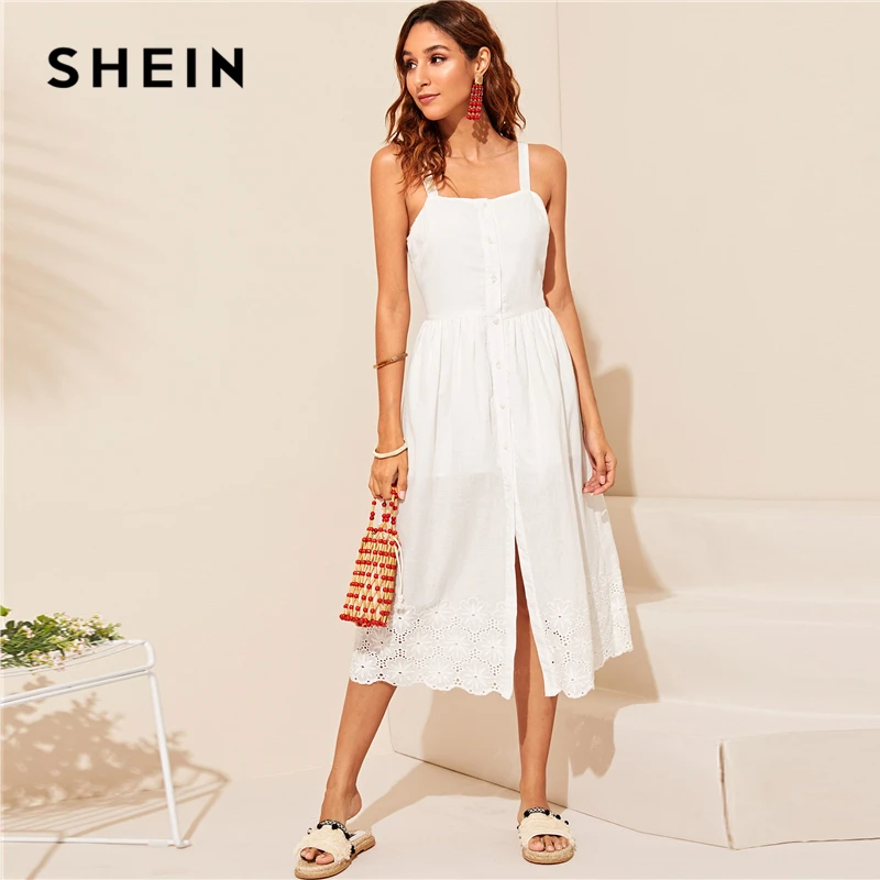 SHEIN белое вышитое летнее платье на пуговицах в стиле бохо, женское платье на бретелях в стиле ампир, однотонное облегающее и расклешенное длинное платье на бретельках