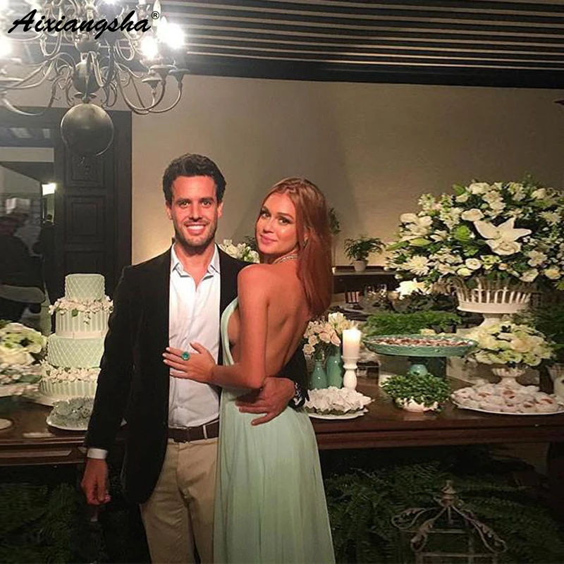 

Simple Design Halter Neck Key Hole Mint Party Prom Gown A-Line Chiffon Backless Prom Long Elegant Dresses