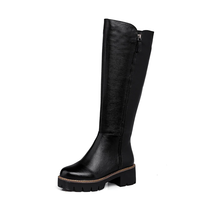 Черный Asumer, большие размеры 34-43, новые модные ботинки из натуральной кожи ботинки на платформе с круглым носком женские осенне-зимние сапоги до колена - Цвет: Черный