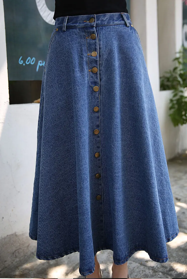 Новая модная одежда, Корейская джинсовая юбка PreppyStyle, Женская однотонная длинная юбка с высокой талией, Женская Повседневная винтажная джинсовая юбка на пуговицах