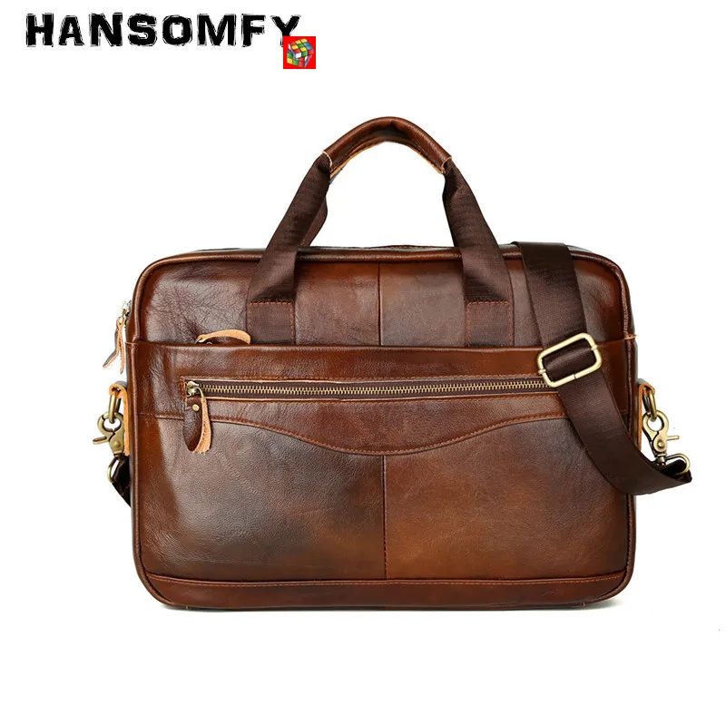 Мужской портфель HANSOMFY для ноутбука 14 дюймов сумочки из натуральной воловьей кожи
