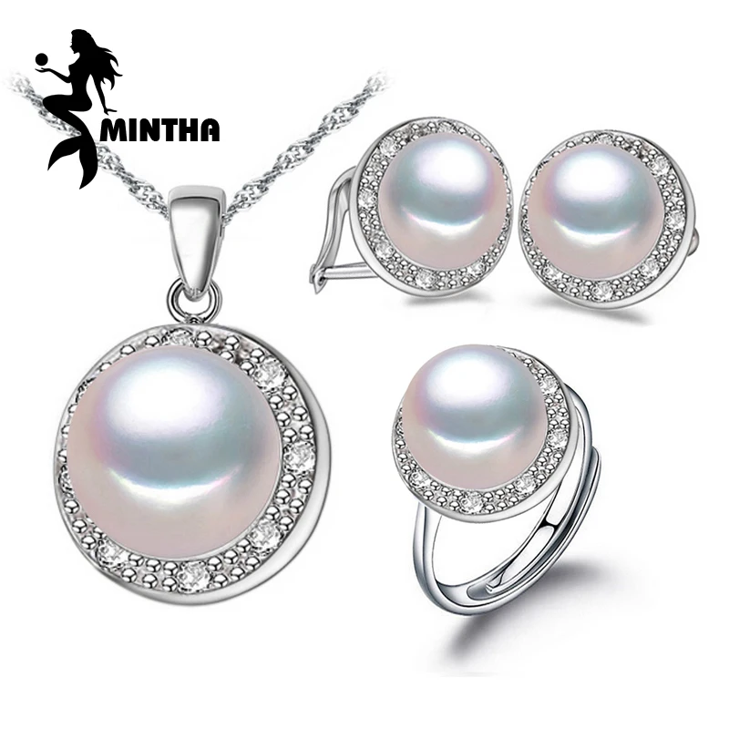 Ювелирные изделия из жемчуга MINTHA, Свадебные Ювелирные наборы для помолвки, ожерелье с кулоном из натурального жемчуга, женские вечерние серьги, женское серебряное кольцо
