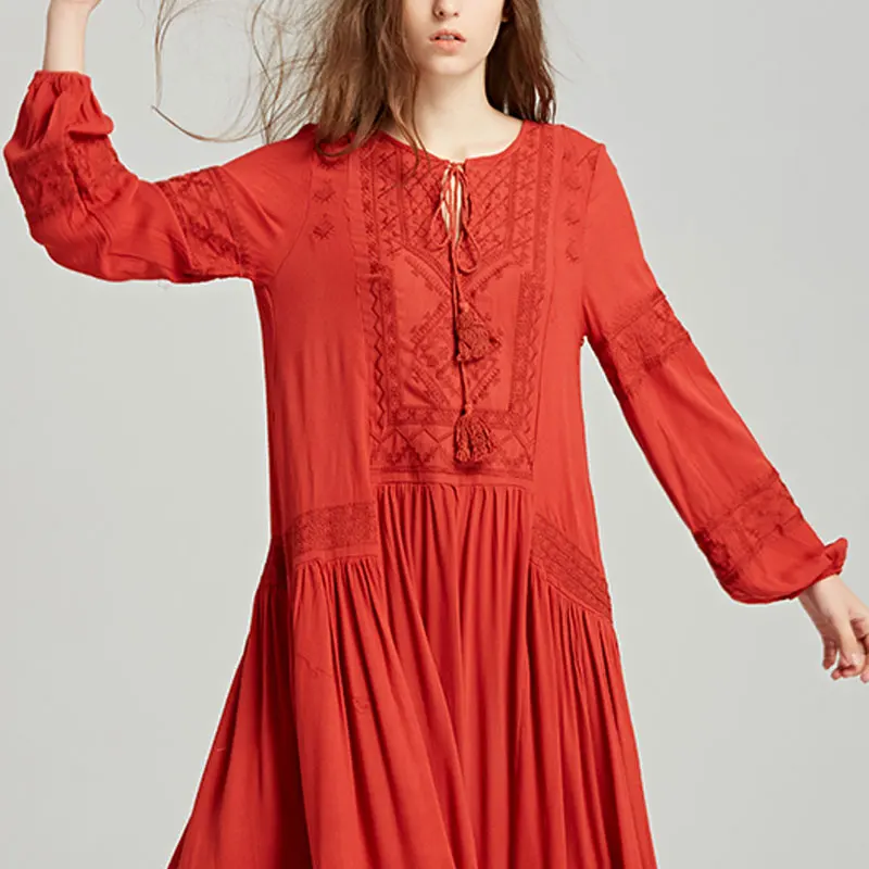 

Summer new Europe and America travel Bohemian island holiday exquisite embroidery V collar fringe plain color loose dress
