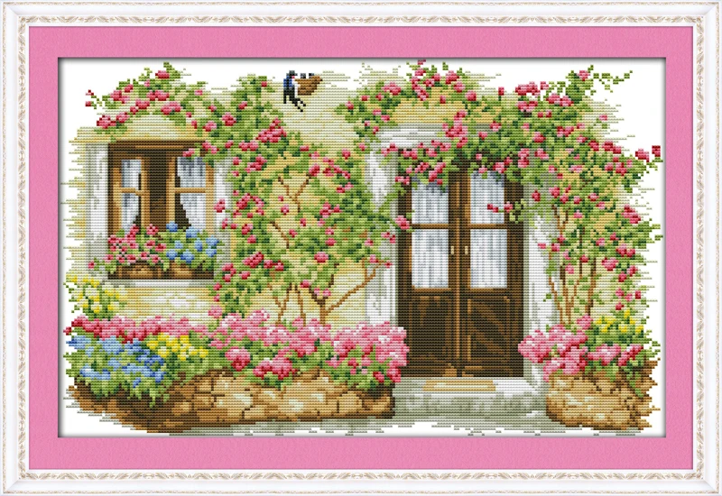 

Rose cabin cross stitch kit landscape18ct 14ct 11ct count printed canvas stitching embroidery DIY handmade needlework