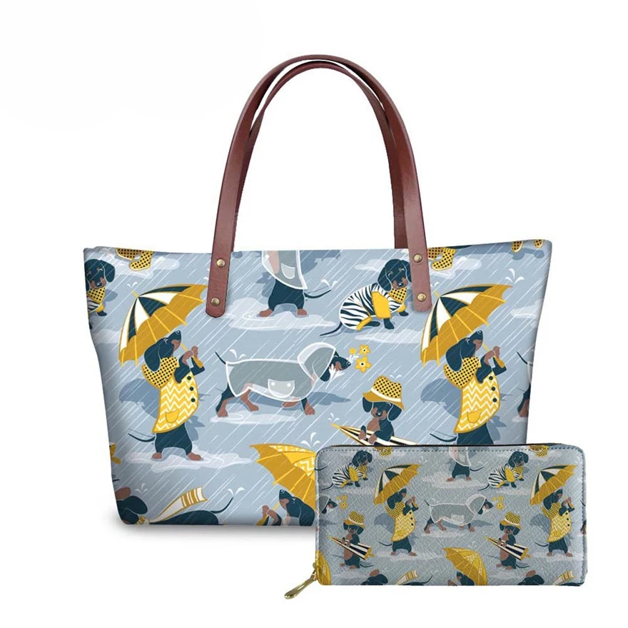 

NOISYDESIGNS 2pcs/set Women Handbags Rainy Walk Doxie Dog Printing Shoulder Bags Ladies Luxury Hand Bag Female Casual Sac A Main