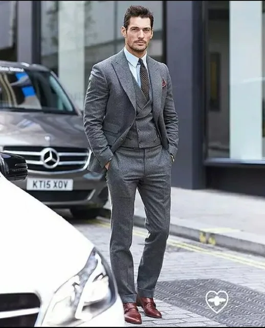 

2019 Grey Tweed Mens Dinner Party Prom Suit (Jacket+Pant+Vest) Groom Tuxedos Groomsmen Wedding Blazer Suits For Men Stylish