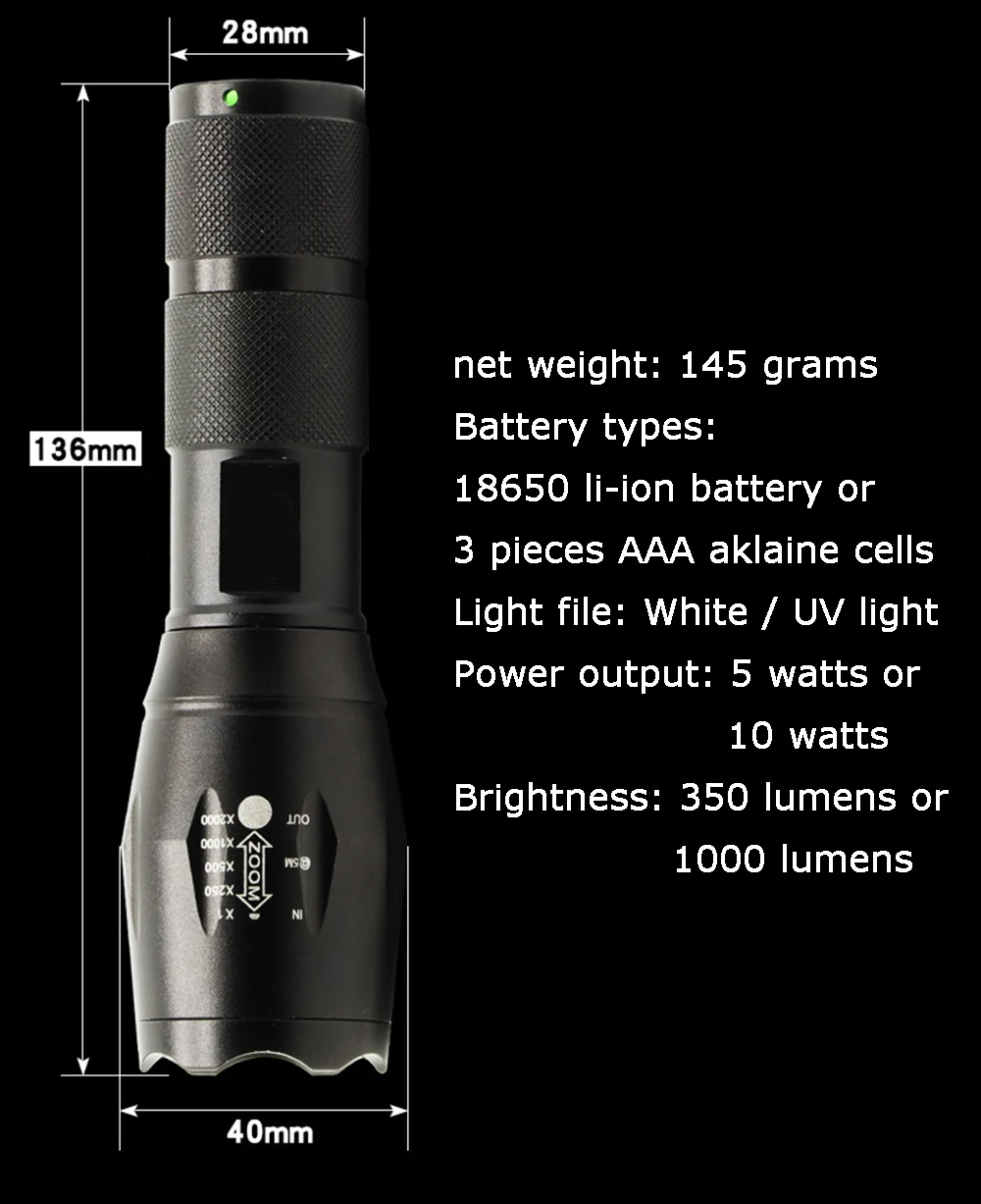 Высокая Выходная мощность 10 Вт двойной светильник s 1000LMs CREE T6 светодиодный фонарь черный светильник 395NM УФ зум светодиодный светильник вспышка 18650 ночная рыбалка Скорпион Охота