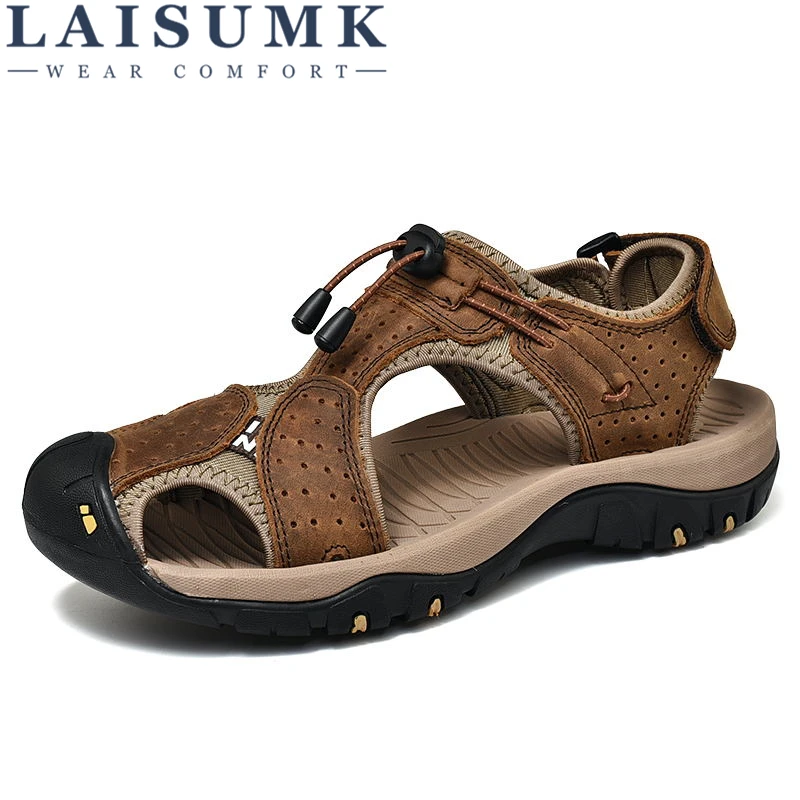 

LAISUMK Brand Toe Protect Men's Sandals Genuine Leather Soft Sole Casual Shoes Quality Summer Beach Shoes All Match