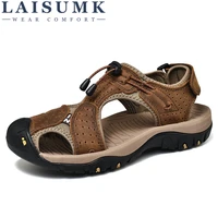 laisumk brand toe protect mens sandals genuine leather soft sole casual shoes quality summer beach shoes all match