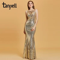 tanpell sequins mermaid evening dress daffodil sleeveless floor length gown women scoop neck party formal long evening dresses