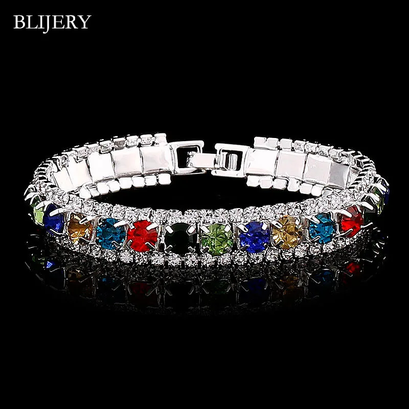 Multicolor BLIJERY Посеребренная блестящая браслеты для женщин многоцветные Стразы цепочка браслеты и браслеты свадебный Рождественский подарок - Окраска металла: Multicolor