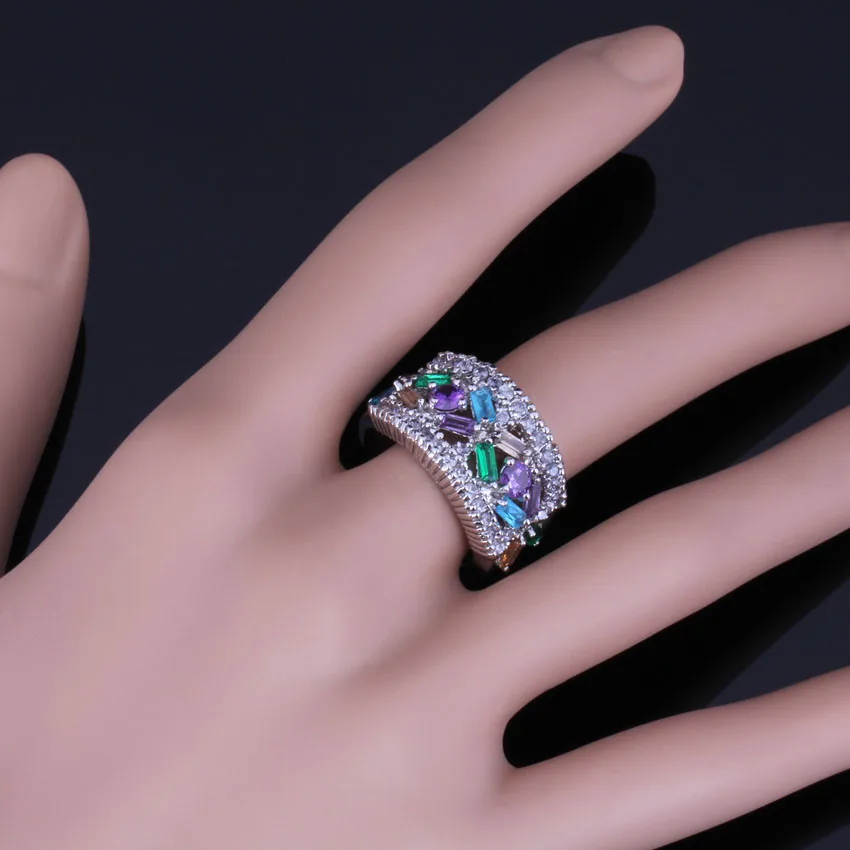Prominent Multigem Multicolor Sky Blue Cubic Zirconia Silver Plated Ring V0551 | Украшения и аксессуары