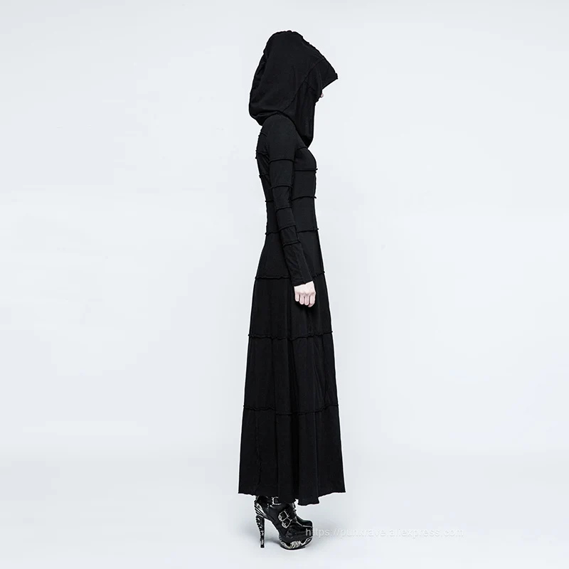 PUNK RAVE Women's Gothic Mysterious Hooded Bodycon Black Long Dress Extreme Straight Halloween Party Club Women Dress