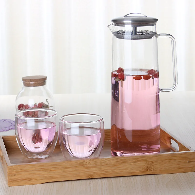 Термостойкий стеклянный кувшин с крышкой из нержавеющей стали или бамбука