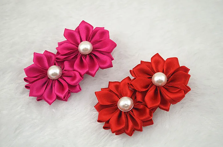 Сплошной цвет Kanzashi лепесток цветок жемчуг центр слоистая атласная лента для волос Цветы с аллигатором зажимы 10 шт./упак