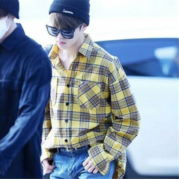 Men Shirt Kpop Plaid Cusual Shirts Autumn Jimin Same Styel camisas hombre masculina manga larga | Мужская одежда