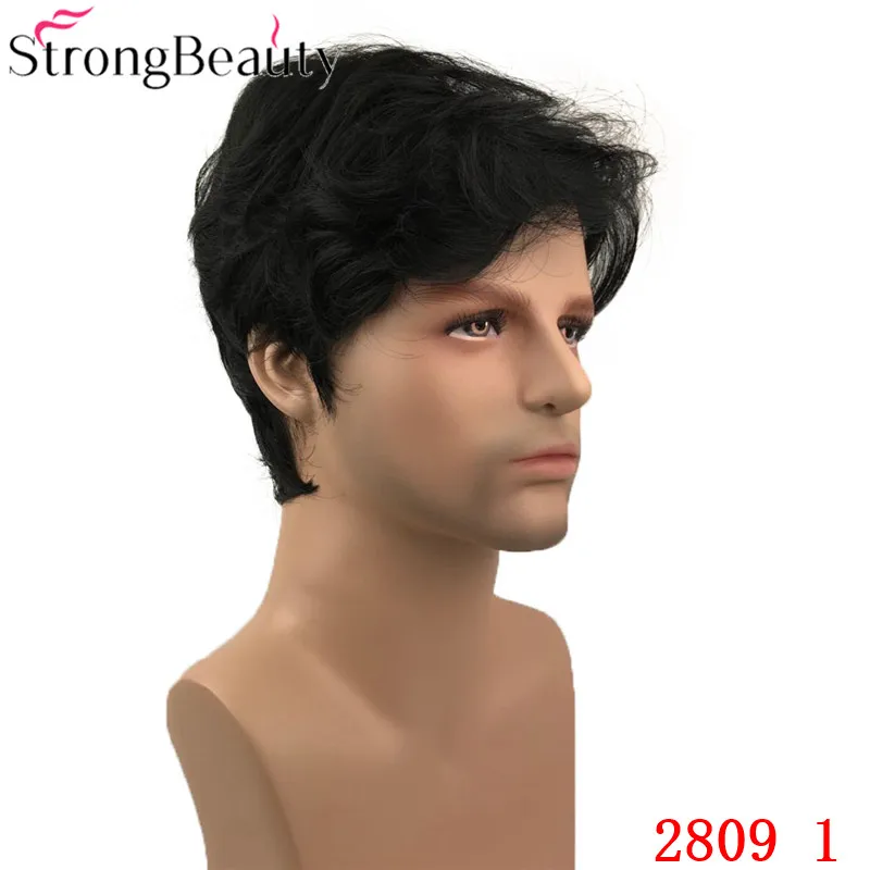 StrongBeauty короткие прямые синтетические мужские парики натуральный черный/серый полный монолитным парик термостойкие волосы