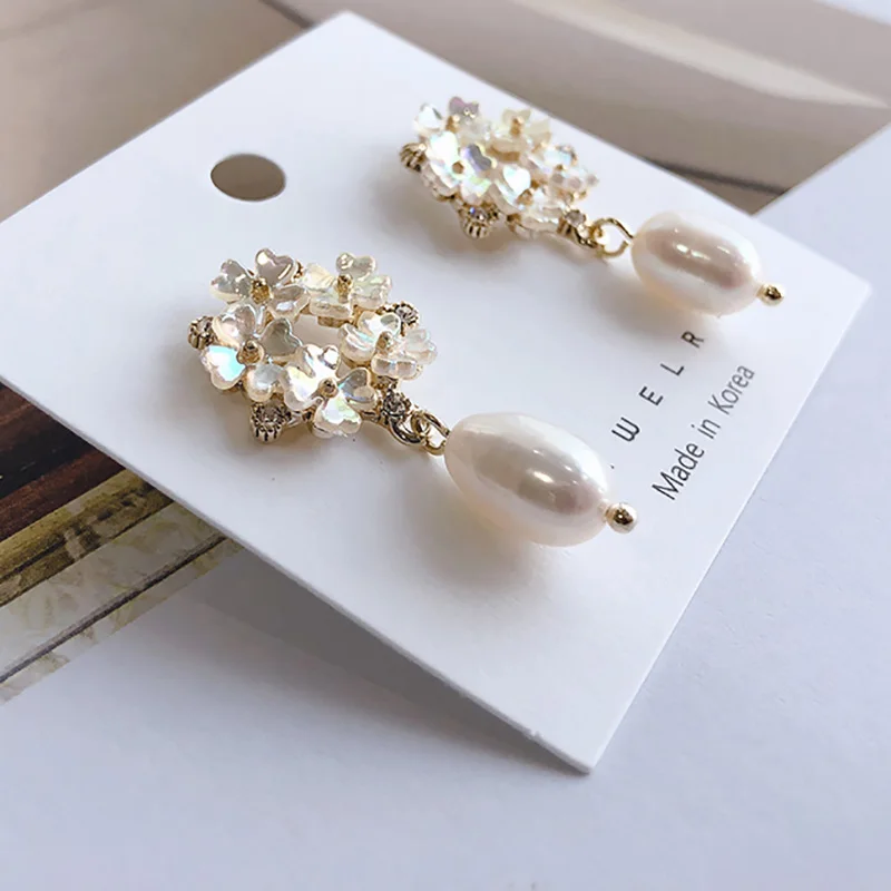 MENGJIQIAO 2019 Japan New Colorful Elegant Shell Flower Drop Earrings For Women Shiny Zircon Freshwater Pearl Pendientes Jewelry | Украшения