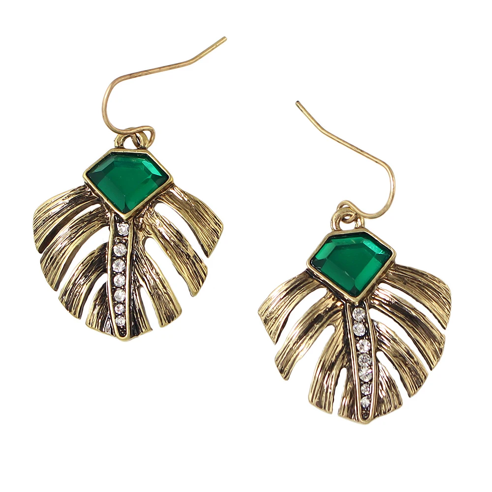 Vintage Female Earrings Costume Jewelry Anqitue Gold Color with Green Stone and Rhinestone Feather Shape Dangle Brincos|dangle earrings|earrings