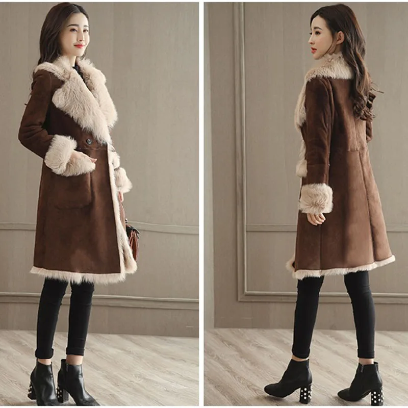 Тренчи женские толстые зимние замшевые меховые пальто длинные двубортные
