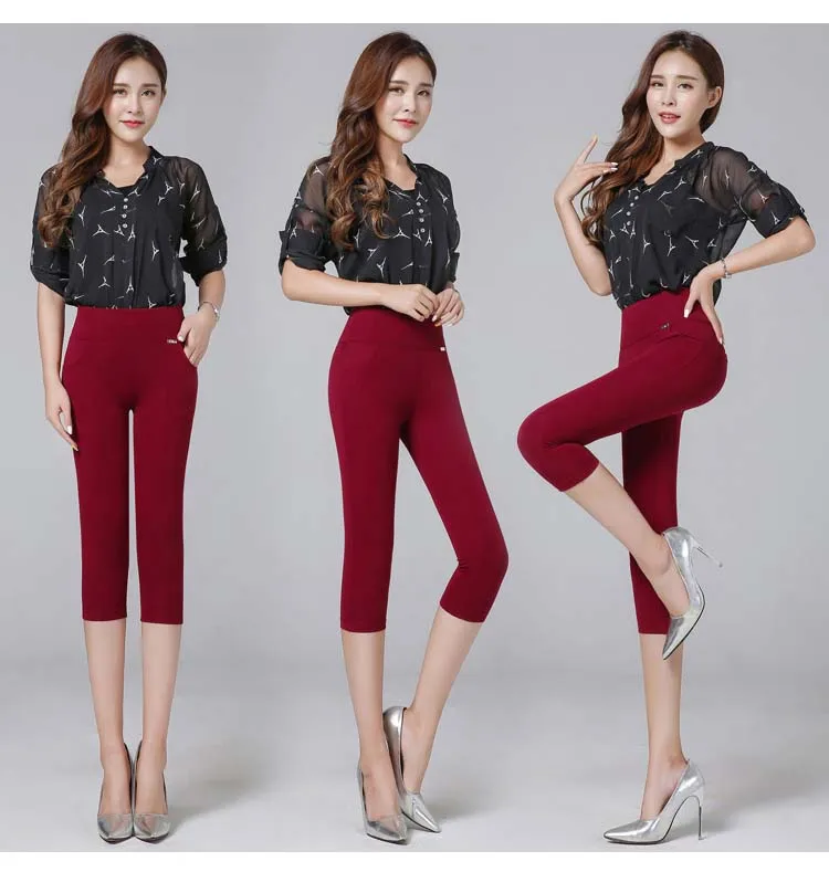 red calf length Женские брюки Капри с высокой талией,, зимние теплые флисовые брюки-карандаш для офиса, большие размеры, Женские официальные брюки, pantalon femme - Цвет: red calf length