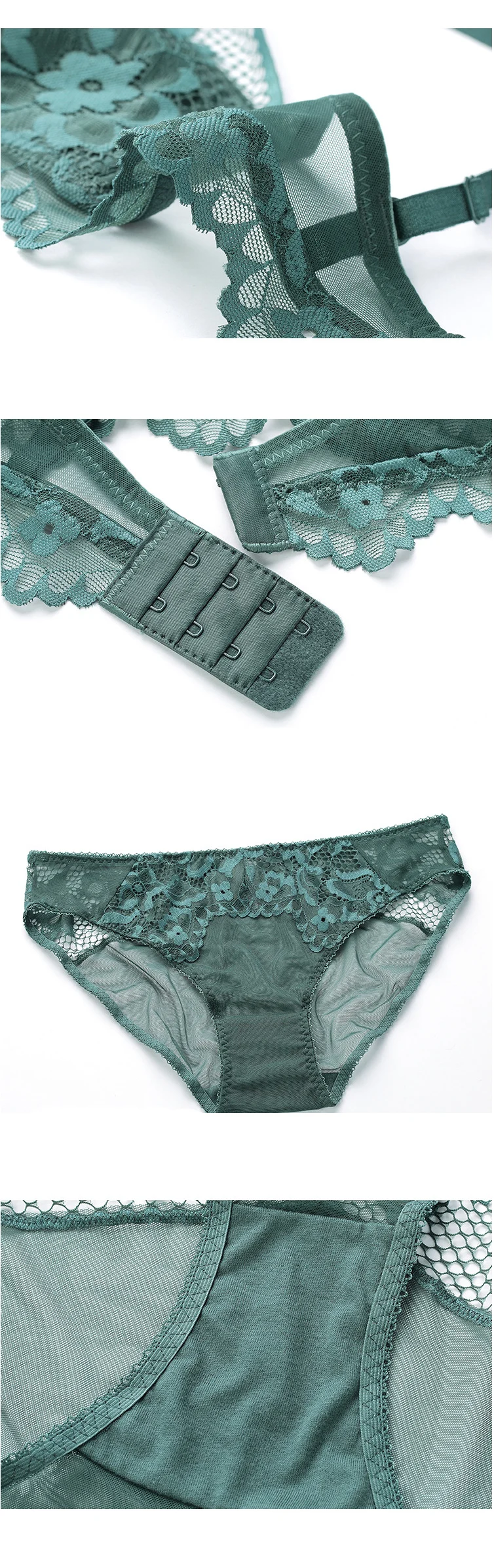 sexy mousse half cup bra sets women underwear lace mesh deep V flower wireless young girl see through panties new black green
