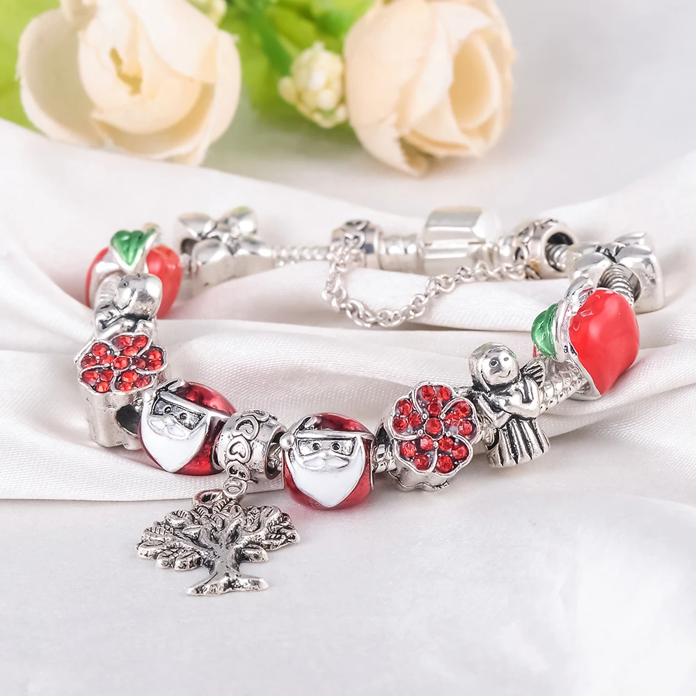 Beagloer Antique Silver Charm Bracelet &amp Bangle with Red Enamel/Crystal Ball Women Party 2017 Christmas Gift Jewelry PCBR0248 |