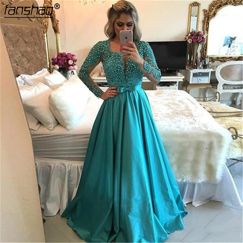 

Turquoise Prom Dresses Elegant Pearls Lace Long Sleeves Evening Gowns Robe De Soiree Arabic Style Evening Dresses