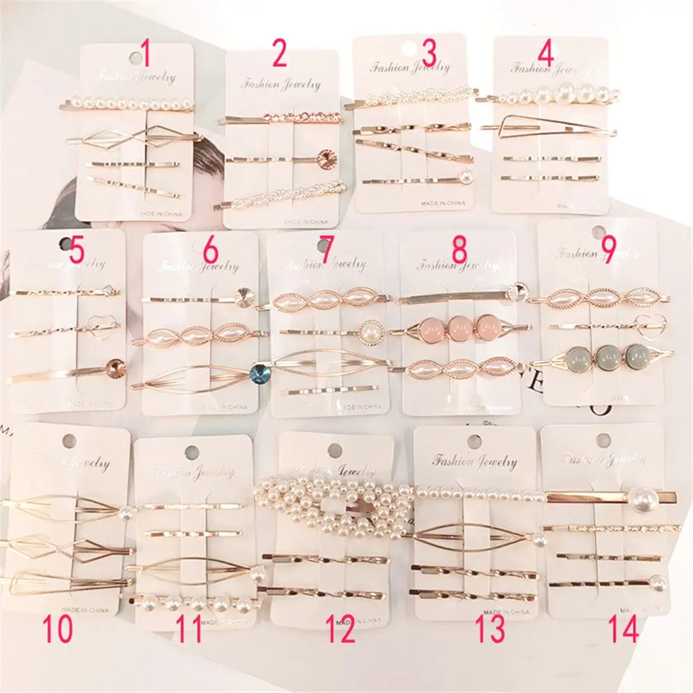 

1SET Korea Acrylic Imitation Pearl Hair clips Pink Crystal Hairpins Metal Hollow Heart Rhinestones Hairclip Hair Accessories