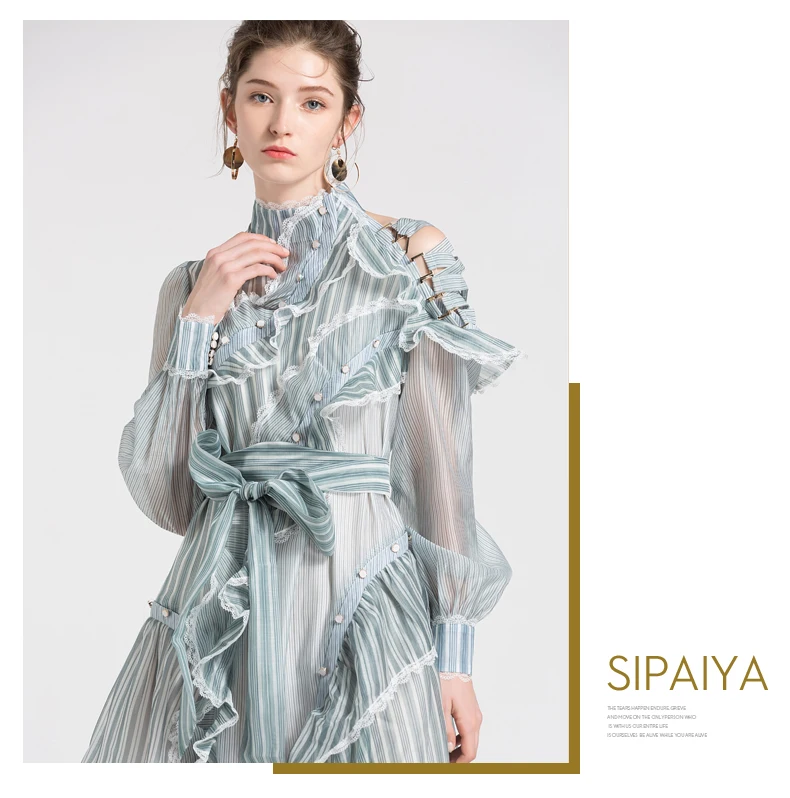 SIPAIYA/фирменное качественное женское платье из органзы, уличный стиль, специальное плечо, с завязками, дизайнерское, перспективное, в полоску, тонкое, с бантом, женское платье