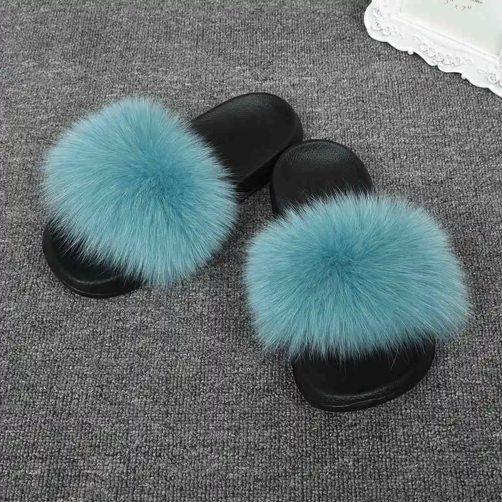 Lake Blue Jancoco Max/модные шлепанцы с натуральным лисьим мехом; женские шлепанцы; летние пляжные сандалии; Вьетнамки с натуральным мехом; S6043 - Цвет: Lake Blue