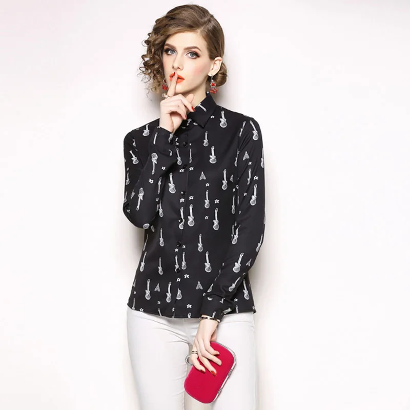 Women Casual Blouses 2019 Spring Lapel Long Sleeve Black Shirt Elegant Office Ladies Print |