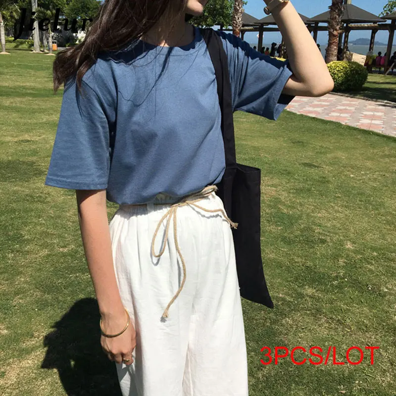 Vintage blue Jielur 3 шт./лот футболки Женский 15 цветов основные Повседневное с О-образным вырезом Женская Футболка harajuku летний топ короткий рукав белая футболка S-XL - Цвет: Vintage blue