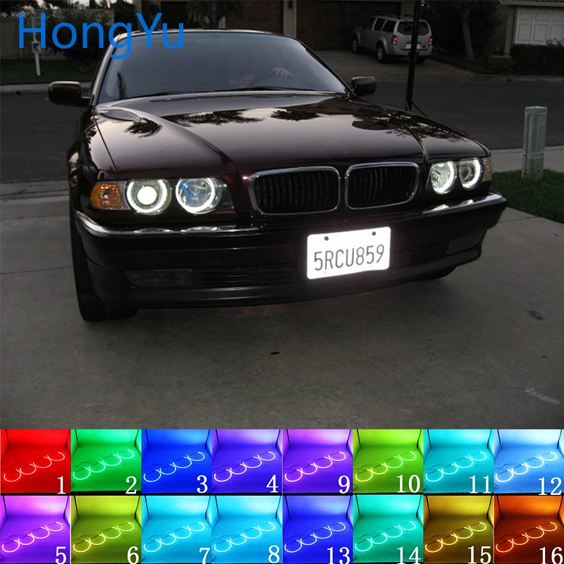 

Latest Headlight Multi-color RGB LED Angel Eyes Halo Ring Eye DRL RF Remote Control for BMW 7 Series E38 1994 - 2001 4x131mm