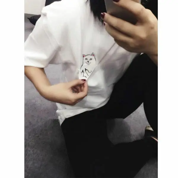 Meihuida 2019 Summer Women's Pocket Cat Cartoon Print T-Shirts Casual Loose Tops Cute Girls Top Tees | Женская одежда