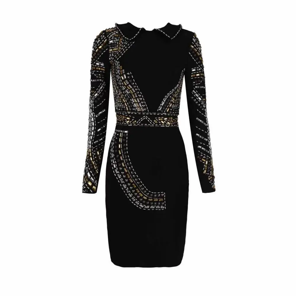 Новое лето знаменитости вечерние платье Для женщин Vestidos пикантные черные сапоги украшенное стразами, с длинными рукавами и круглым вырезом Клубные мини-платья - Цвет: Черный